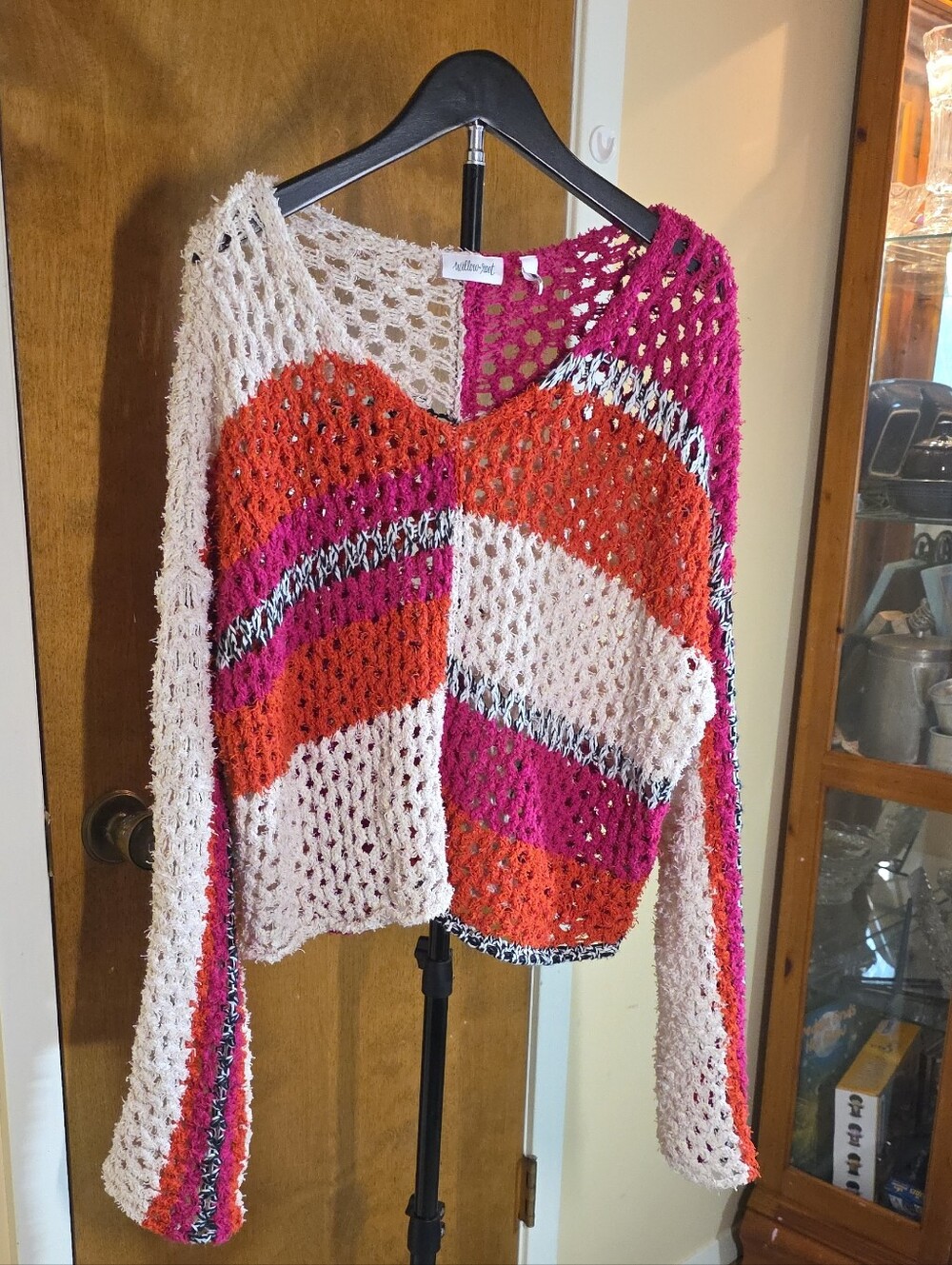 Willow & Root  Open-Knit Colorblock Sweater - Pink, Orange & Cream Bohemian Sz M